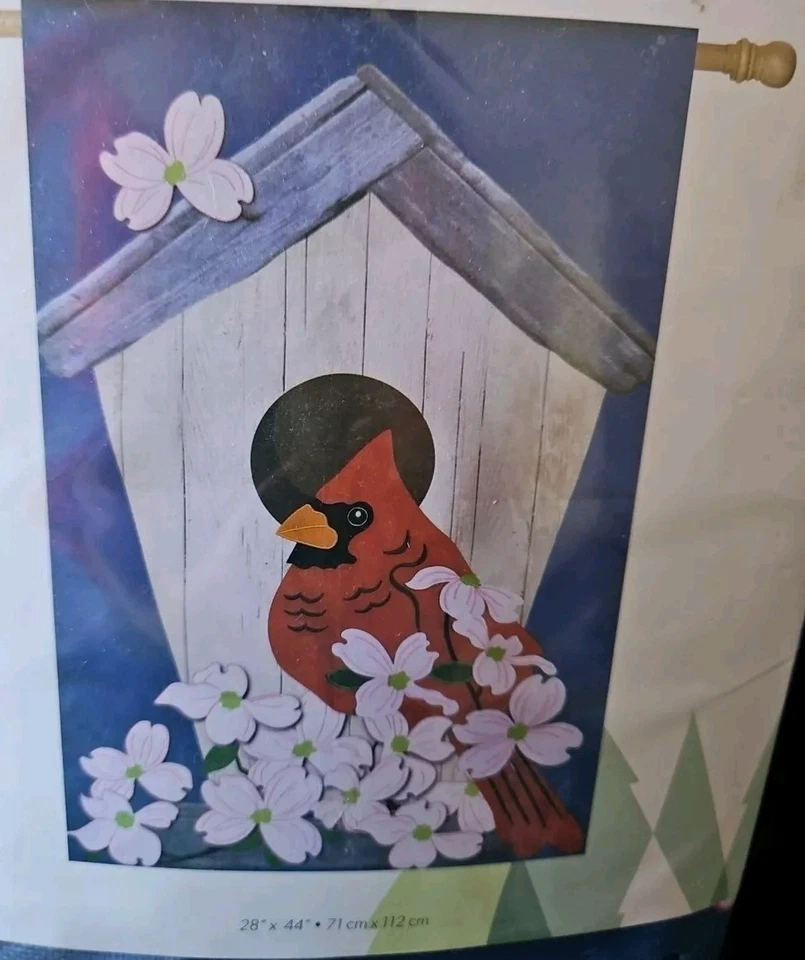 Bandera de casa decorativa de hoja perenne - casa de pájaro cardenal 28 pulgadas x 44 pulgadas azul blanco Foto 2 de 4