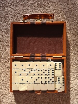 Vintage Doppelsechs Domino Set im Kunstlederetui