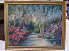 Original Oil Painting on Board Open Air Landscape Trees and Flowers