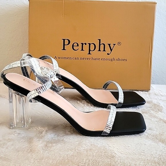 Perphy Square Toe Rhinestone Strap Clear Heel Block Heels Sandals