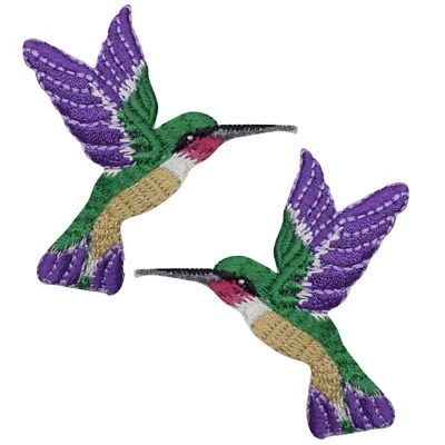 PATCH PARLOR 2-Pack Hummingbird Applique Patch Set - Purple & Green Embroidered Bird Badge