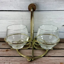 Vintage Cream and Sugar Glass Set with Golden Wire Caddy and Wood Handle MCM