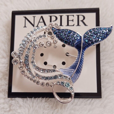 NWT Napier Silver Tone Crystal Blue Whale Tail Pin