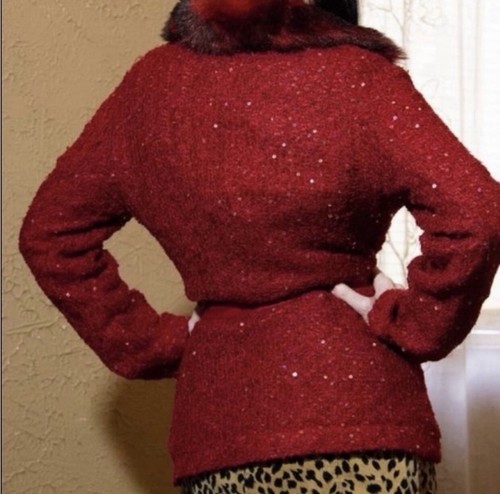 VTG 90’s Betsey Johnson Red Sequin faux fur collar Sweater Coat Jacket - Picture 8 of 16
