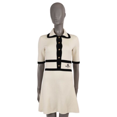 gucci cream dress 69539 auth GUCCI cream & black wool 2022 GG PIQUET JACQUARD POLO Dress S