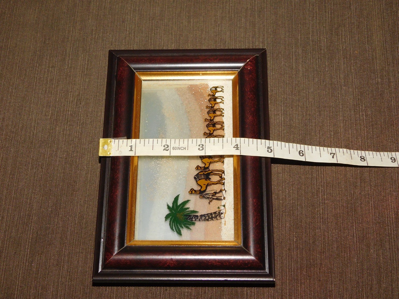 VINTAGE HANDMADE  7" X 5" U. A. E. SAND FROM 7 EMIRATES CAMELS FRAMED SOUVENIR