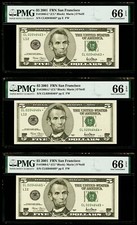$5 2001 FR*N San Francisco Fr#1988-L* "3 Consecutive Serial #" PMG 66 EPQ Gem UN