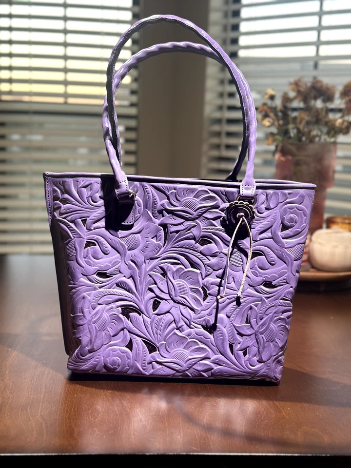 Patricia Nash Adeline Cutout Leather Tote Bag Amethyst Purple - Metallic Flowers