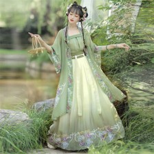 Female Spring Printed Hanfu Dress 3Pc Set Long Pleated Skirt Big Sleeve Shirt