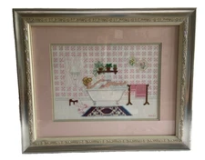 Framed Cross Stitch Lady Tub Bathroom Wall Art Pink Romantic Kitschy Core Signed