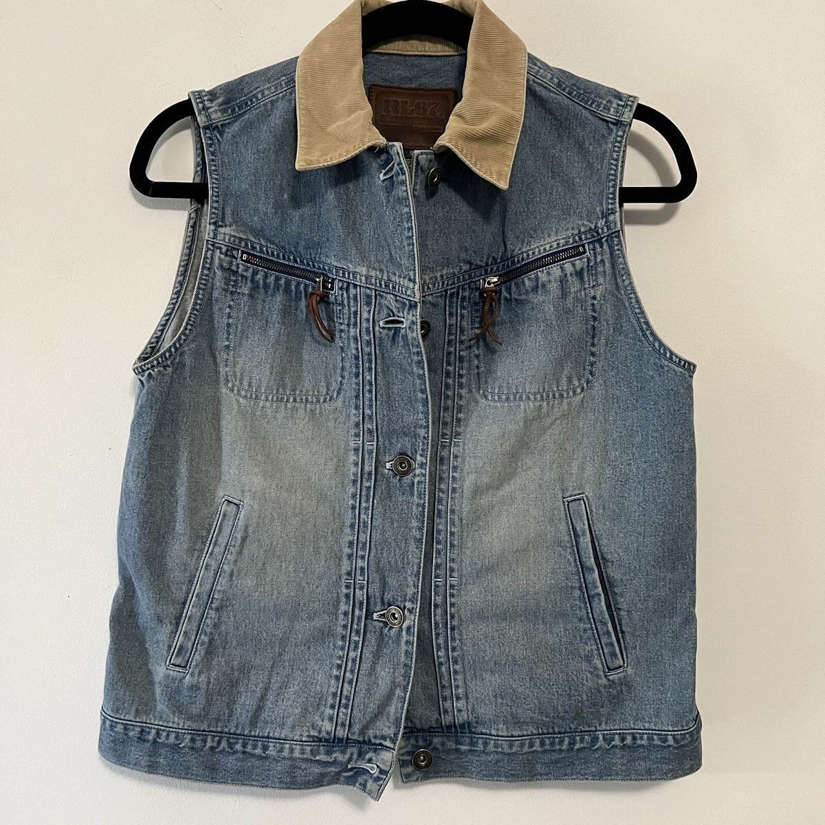 Vintage Ralph Lauren Vest Womens S Blue Brown Denim RL67 Corduroy