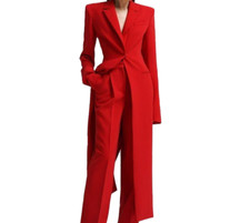 Red Long Women two piece Custom-made Black Cotton Suiting Trench coat Formal