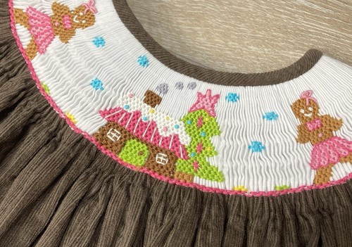 Smocked Gingerbread Long Christmas Bishop Dress Candyland Sz 5 Brown Pink Cord - Picture 2 of 8