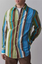 Wrangler Men's New Brushpopper Green Brown Blue Stripe Western Snap Shirt NWT XL