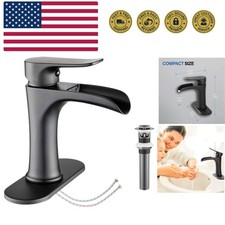 Waterfall Bathroom Faucet Black Matte Black with Pop Up Drain Single Handle O...