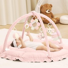 5 in 1 Baby Play Gym Mat, Reversible Tummy Time Mat with 5 Sensory Toys