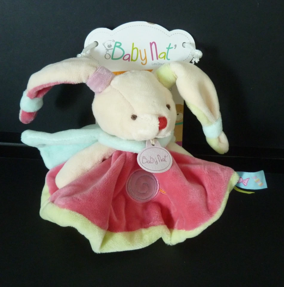 SD*. Doudou plat rond BABY NAT' LAPIN vert rose bleu écru sucette BN0126 NEUF - Photo 4/4
