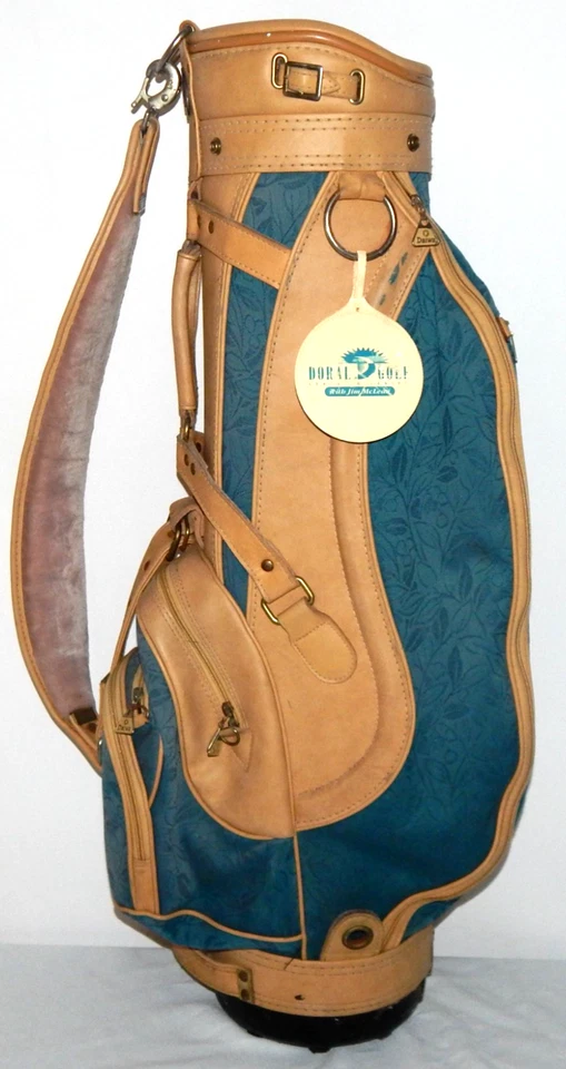 Bolsa de golf vintage Daiwa Coach Collection tapiz azul/cuero con cubierta para lluvia RARA Foto 3 de 4