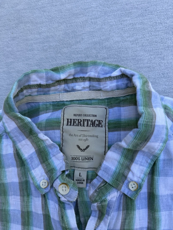 Heritage Report Collection Mens 100% Linen Green Blue Short Sleeve Shirt Size L - Image 2 of 4