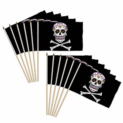 1 Dozen Pirate Sugar Skull 12x18in Stick Flags Day of the Dead Handheld Flags