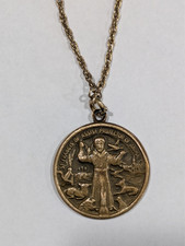 St Francis of Assisi Medal Protector of Animals brass 1-" dia 18IN CHAIN