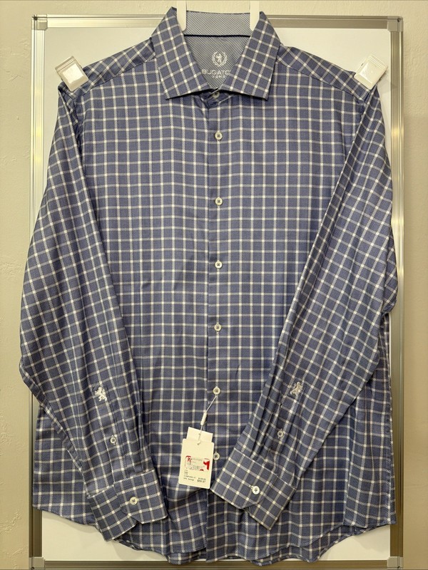 NWT NEW Bugatchi Uomo Checkered Blue White Shirt 17.5 36-37