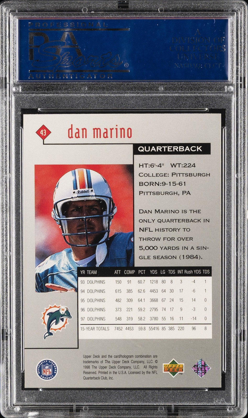 1998 UD BLACK DIAMOND ROOKIES SINGLE #43 DAN MARINO PSA 10 view 2