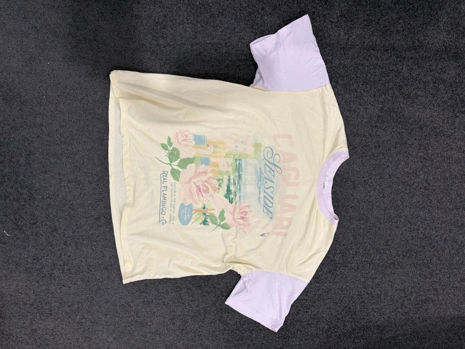 Foxwood Seaside Graphic Floral T-Shirt Yellow/Pink Cotton size 14 Oversized