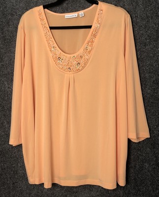 Susan Graver Womens Plus Sz 2X Liquid Knit Poly Blend  Embellished  Top Coral