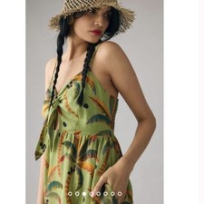 FARM Rio New Anthropologie Tie-Front Linen Dress Size Green Palm Tree Pockets Xs