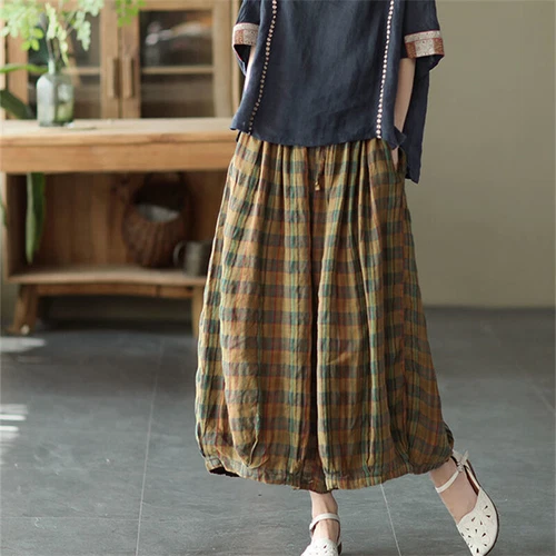 Women Linen Cotton Baggy Checked Pants Wide Leg Retro Elastic Waist Harem - Picture 13 of 17