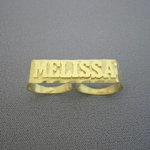 Authentic Solid Metal Men's Customized 2 Finger Name Ring 14k Yellow Gold Plated Silver