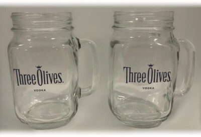 Set Of 2 Three Olives Vodka 16 Oz Mason Jar Handled Glass Drinking Mugs