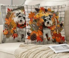 2pc 18in 18in Fall Thanksgiving Pillow Covers Cushion Plaid Schnauzer Dog Leaf