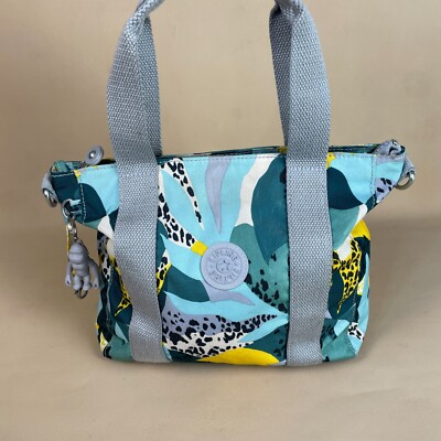 Kipling Handtasche Clutch Tasche blau gemustert Gummi Affe mittel Umhängegurt