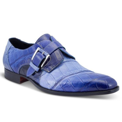 Handmade Men Leather Shoe Blue Buckle Crocodile Pattern Leather Formal Dres Shoe