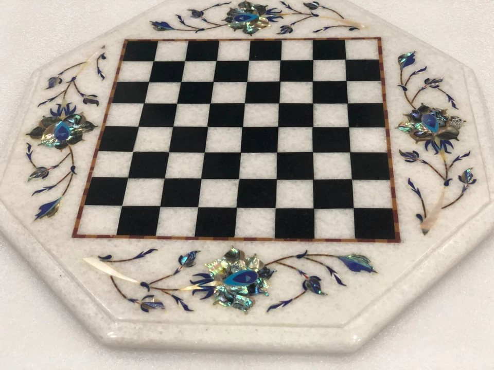 12" White Marble Chess Coffee Table Abalone Shell Floral Inlay Art Game Set Deco - Image 3 of 4