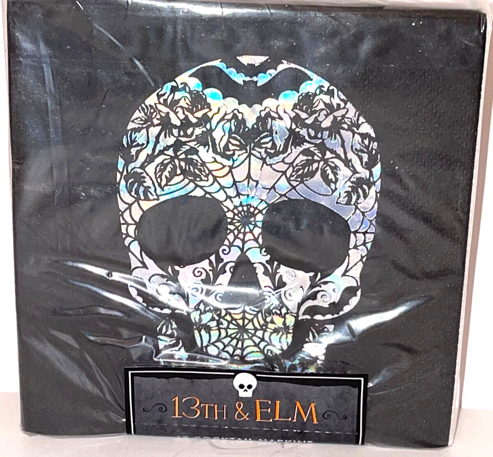 SERVILLETAS DE CÓCTEL HALLOWEEN PLATEADAS METÁLICAS CALAVERA PAPEL. Pk 40. IMPRESIONANTE!! Foto 2 de 4