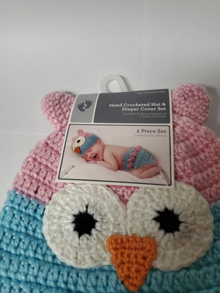 Juego de sombrero y cubierta de pañal de búho ganchillo a mano 0-9 meses juego de ganchillo búho nuevo con etiquetas Foto 4 de 4