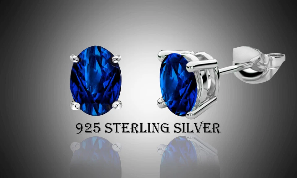 925 Sterling Silver 7 x 5MM Sapphire Oval Cut CZ Stud Earrings - Image 4 of 4