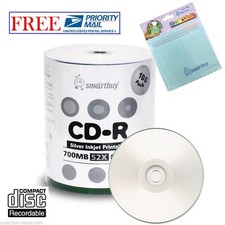 100 Smartbuy 52X CD-R 700MB Silver Inkjet Printable Disc FREE Micro Fiber Cloth