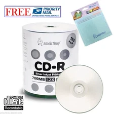 100 Smartbuy 52X CD-R 700MB Silver Inkjet Printable Disc +FREE Micro Fiber Cloth