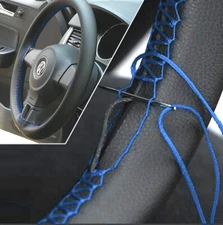38cm DIY Car Hand Sew Steering Wheel Cover GENUINE UF Leather Non Slip Mat Blue