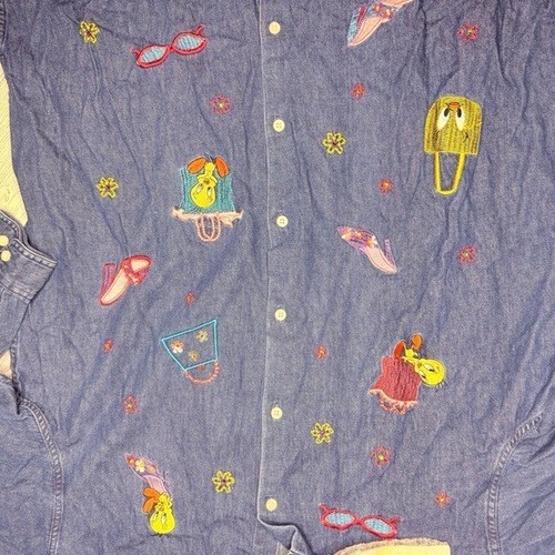 Camicia vintage Tweety Bird Warner Bros Studio denim manica lunga copri bottoni l - Foto 3 di 7