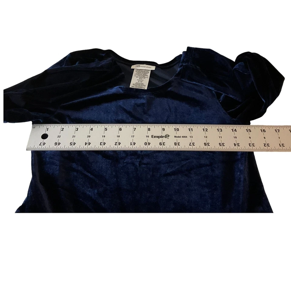 Bonnie Jean Youth Girls 14.5 Navy Blue Velvet Dress Holiday Gold Bow Plaid Shiny - Image 3 of 4