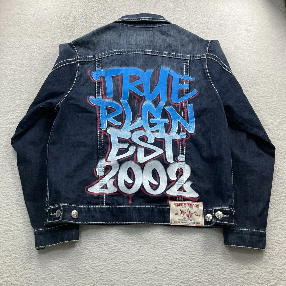 Chaqueta de Camionero True Religion Graffiti Denim Hombres XL Azul Envejecido Indigo Trippi Foto 2 de 4
