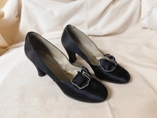 Vintage Black Satin Slippers w/ Bows Shoes Heels Size 8 1930's