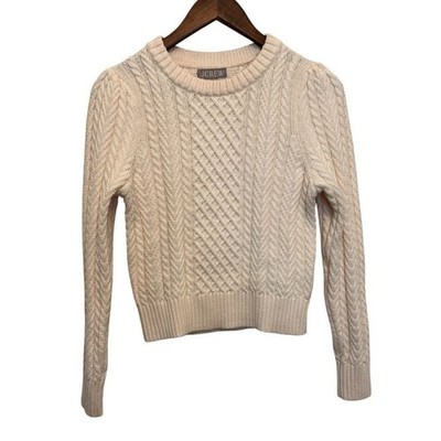 J.Crew Cream Cable Knit Puff-Sleeve Crewneck Sweater