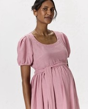 Quince Women Linen Maternity Short Sleeve Midi Dress M Mauve Mist MSRP $95 NWT!