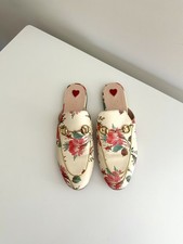 GUCCI Leather Floral Horsebit Backless Loafers Mules in Cream Multi Size 38